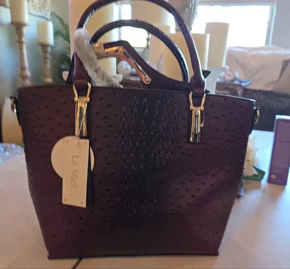 Croc-Embossed Structured Tote in Plum with Gold Hardware 3 Bags In 1